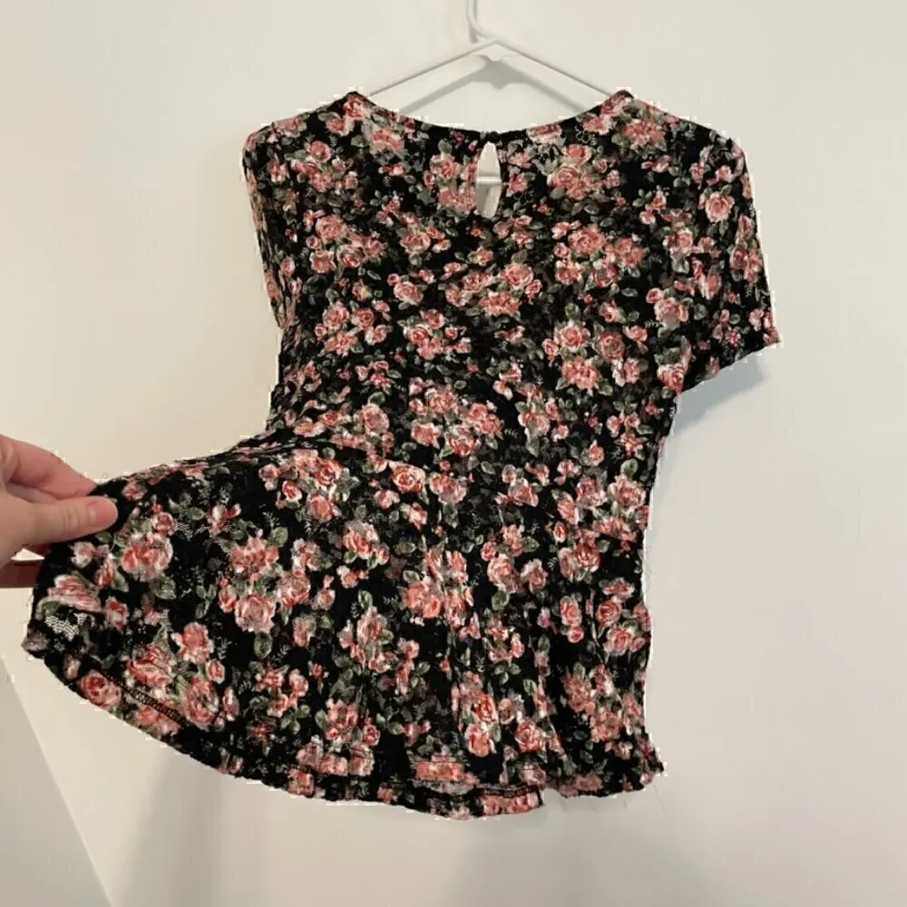 FOREVER 21 Black Pink Multi Floral Lace Twee 2010s Short Sleeve Peplum Blouse M - Image 16