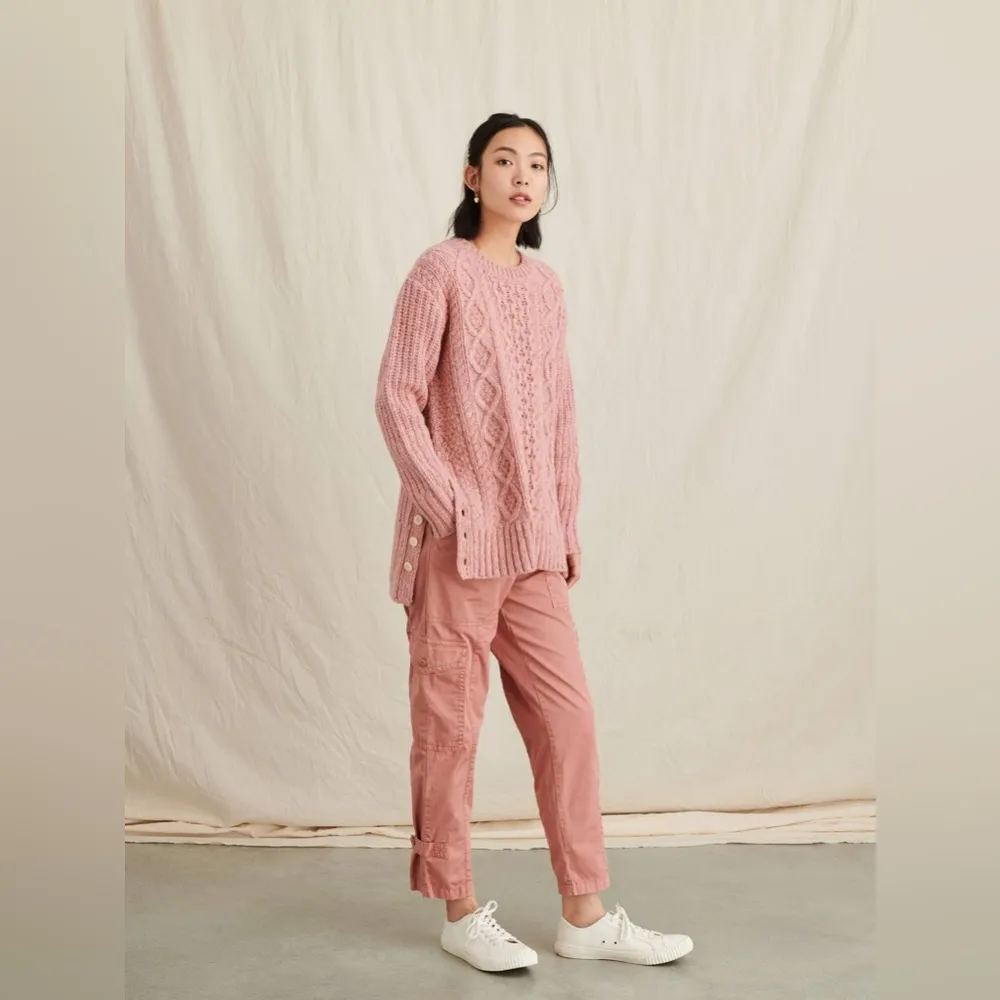 Alex Mill Button Side Aran Cable Knit Merino Wool Sweater in Dried Rose Pink Size XXL - Image 14