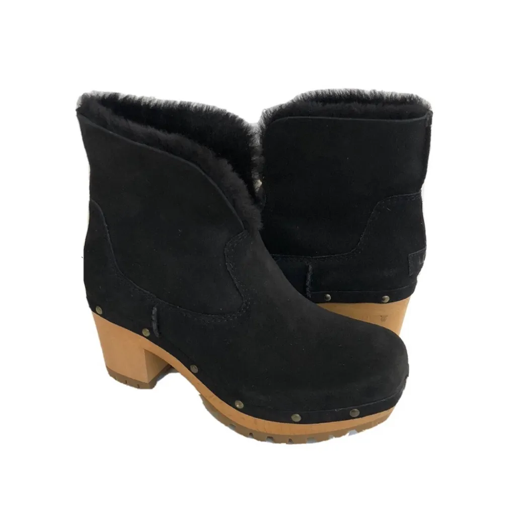 UGG Thebes Black Suede Clog Wooden Bootie Mules with Faux Fur Trim - Image 14