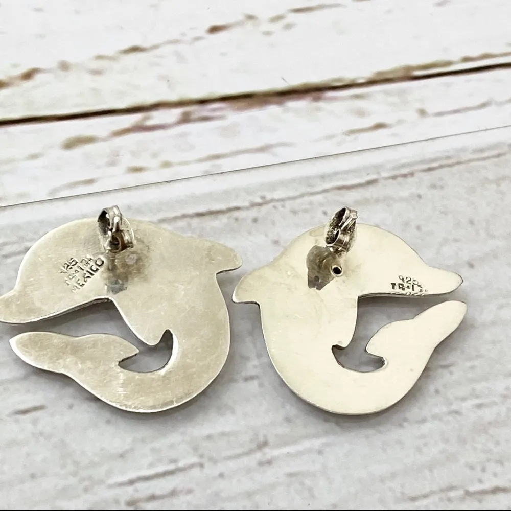 Vintage Sterling Silver Chunky Dolphin Earrings - Image 3
