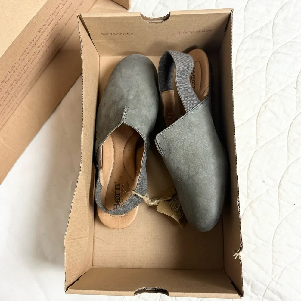 BORN Sebra Sling Bowe Nubuck Leather Mules Loafers Sandals Womens Gray Sz 6 NIB - Image 7