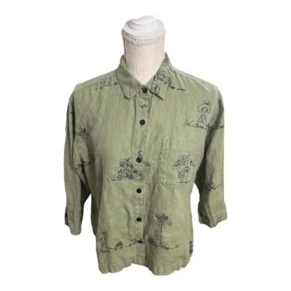 Chico's Sage Green Linen Monkey Print Button-Up Shirt Size 0 (4) Slit 3/4-Sleeve - Image 2