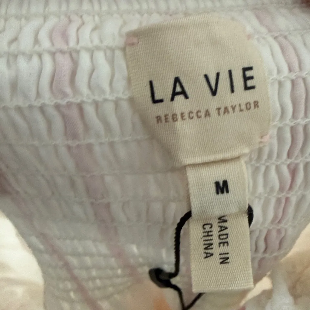 Rebecca Taylor x La vie Pink and White A-Line Skirt Medium Tiered Smocked Mini - Image 4