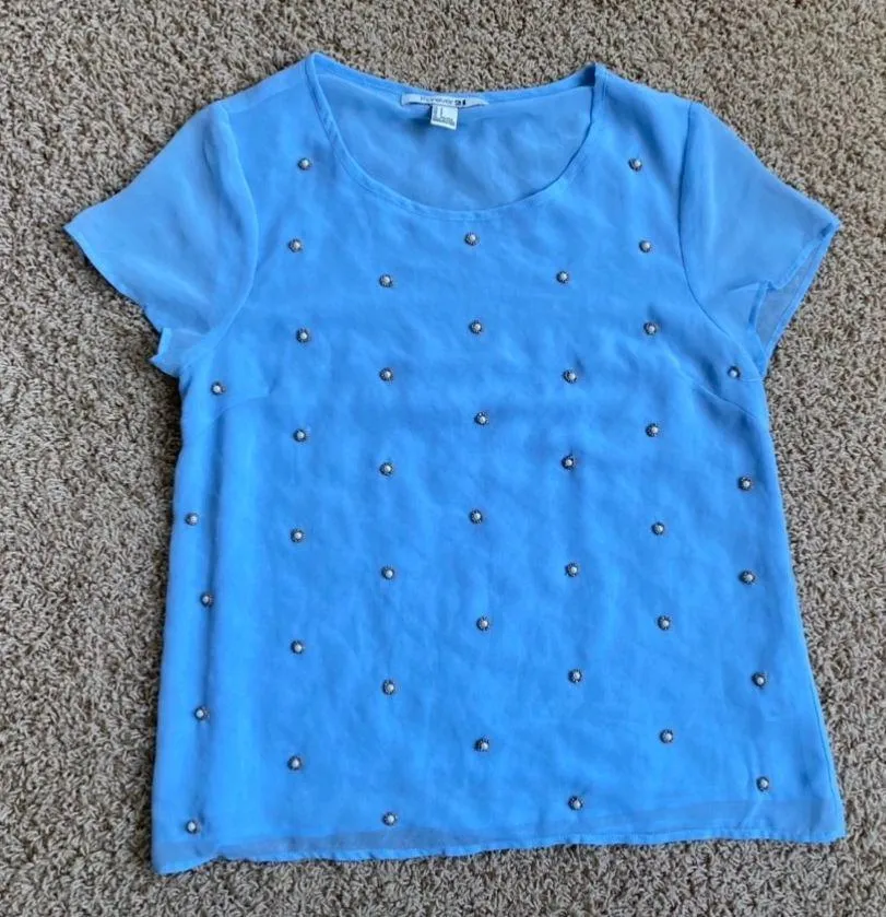 F21 Vintage Pearl Beaded Sheer Sleeves Top Sz S  - Image 2