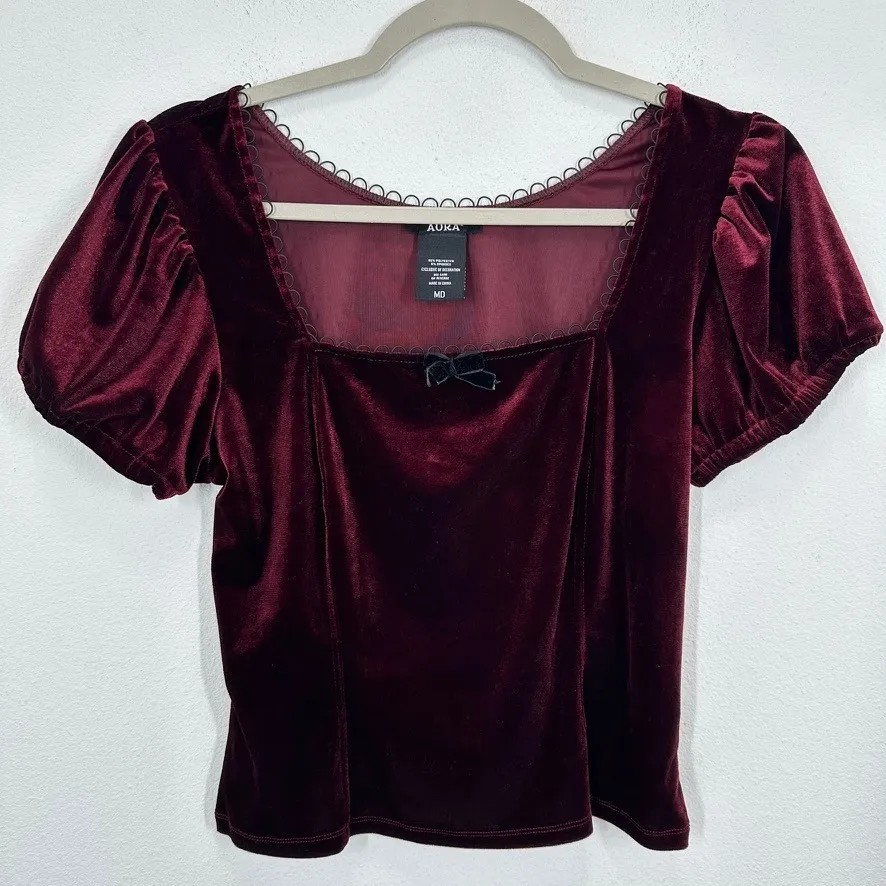 AURA Burgundy Babydoll Velvet Puff Sleeve‎ Square Neck Bow Top Womens Medium - Image 3