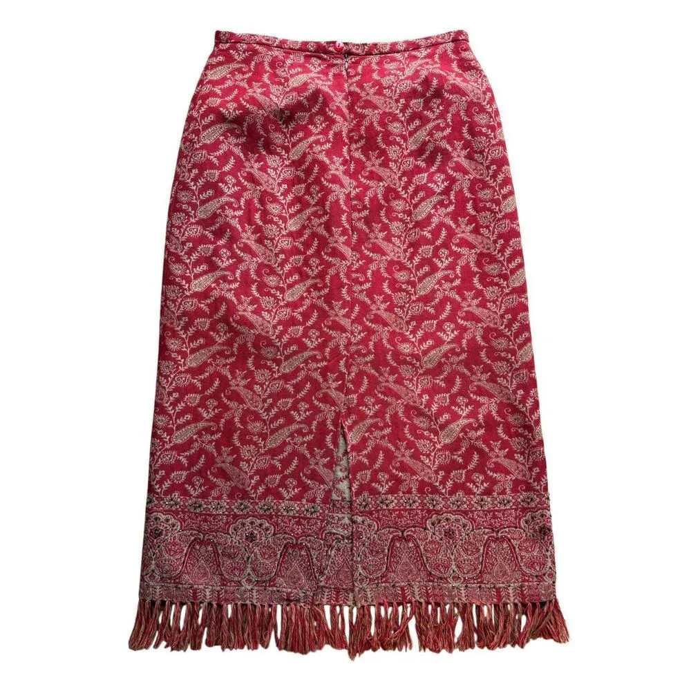 Vintage Nouveaux Red Paisley Print With Fringe Hem Straight Maxi Skirt Size 10 - Image 3