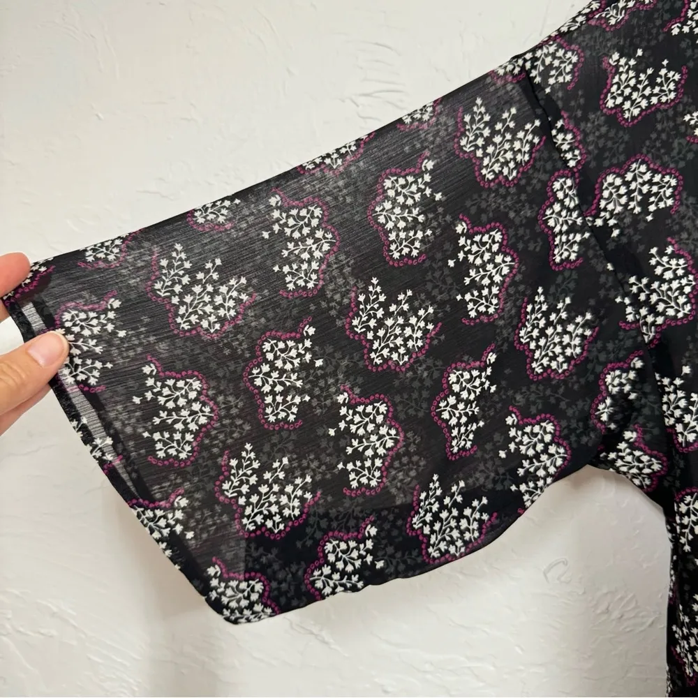 Anna Sui Black Ditsy Floral Blouse Womens L Sheer Boho Peplum Long Sleeve Top - Image 4