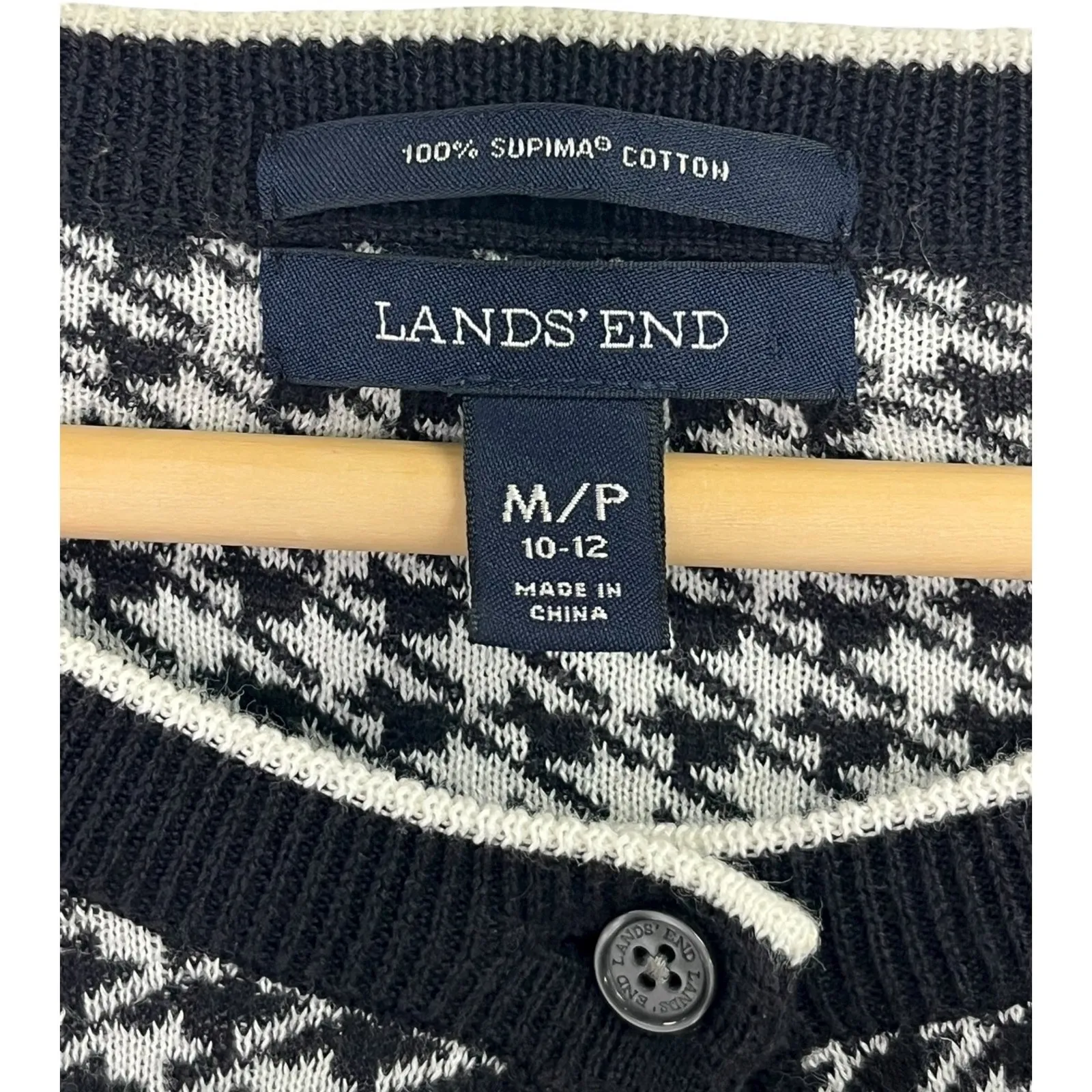 Lands End Cardigan Sweater Womens Medium Black White Houndstooth Preppy Classic - Image 4