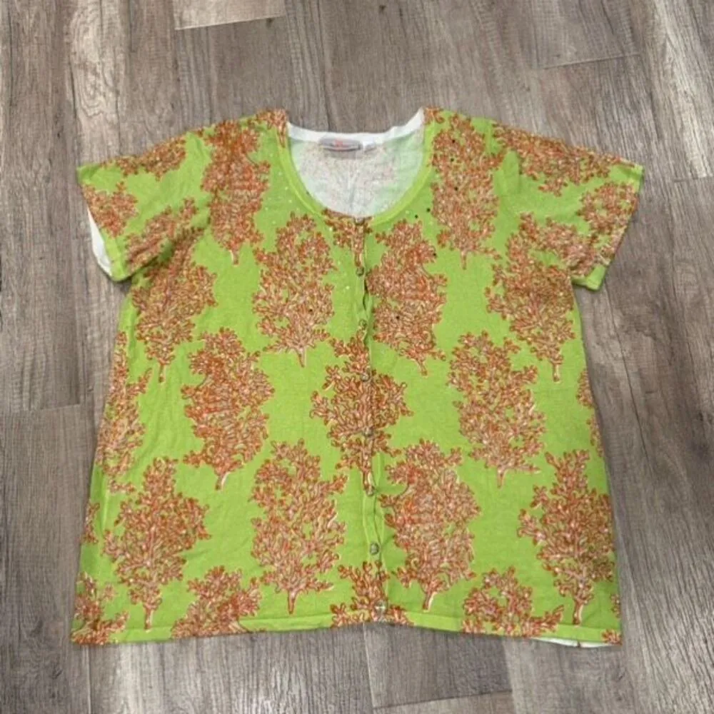 Quacker Factory Rhinestones Button Front Short Sleeve Cardigan Green Orange 1X - Image 11
