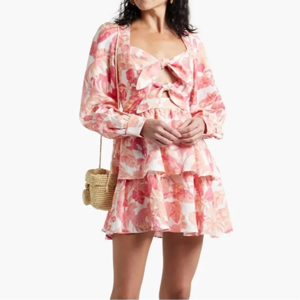 Mimi Chica Ruffle Tie Pink Floral Gold Tiered V Neck Dress Vacation Babydoll M - Image 2