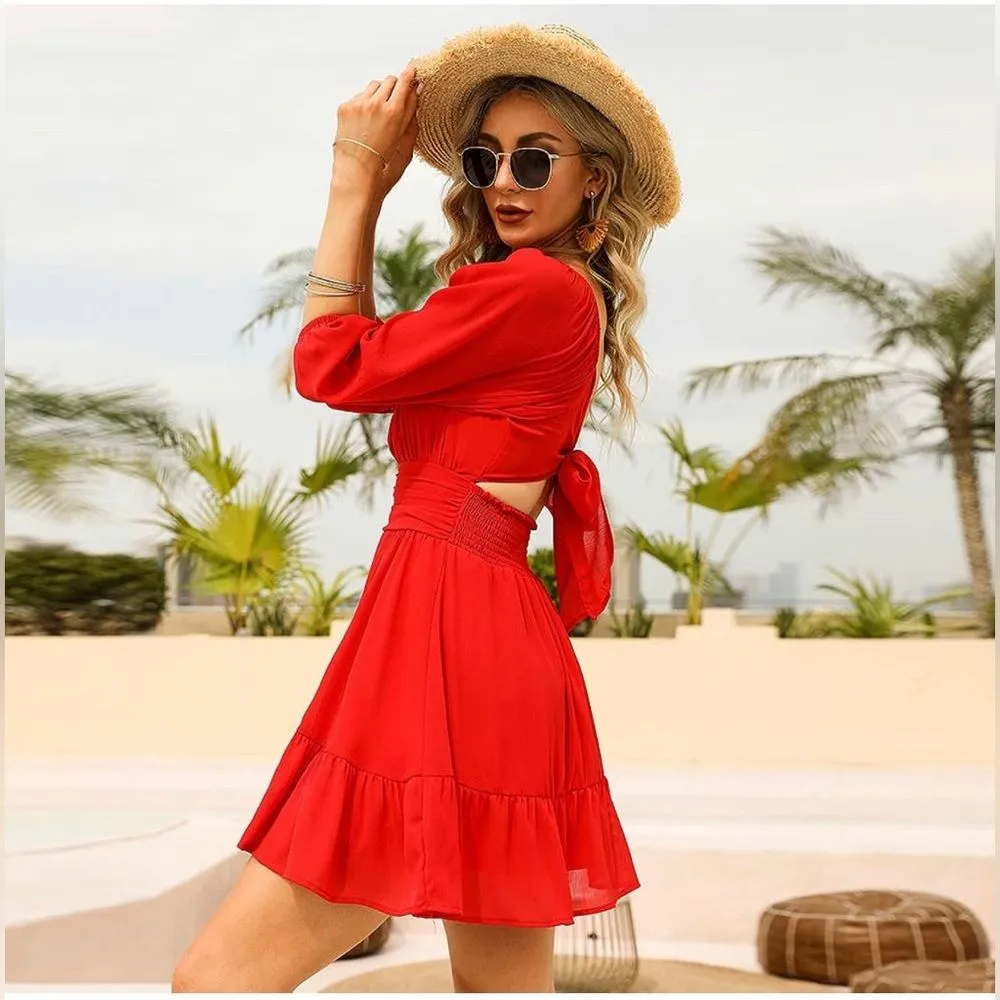 Lantern Sleeve Tie Back Casual Dress Ruffled Off Shoulder A-Line Red (89) - Image 3