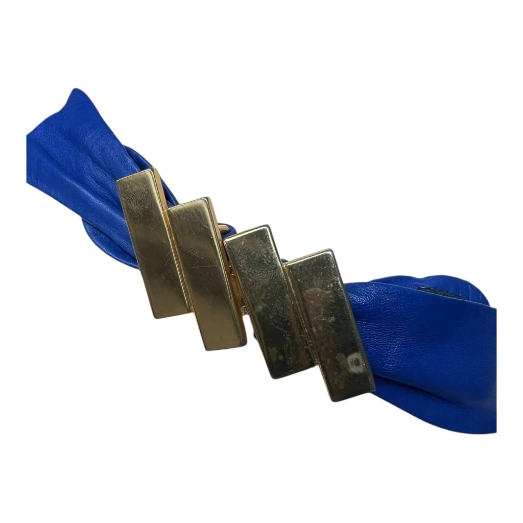 Vintage Reyman Ridless 80s Cobalt Blue Leather Sash Belt With Bold Gold Buckle - Image 2