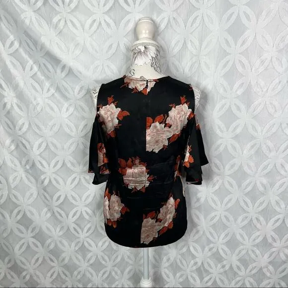 Ganni Cold Shoulder Floral Satin Ruffle‎ Sleeve Blouse Size XS - Image 9
