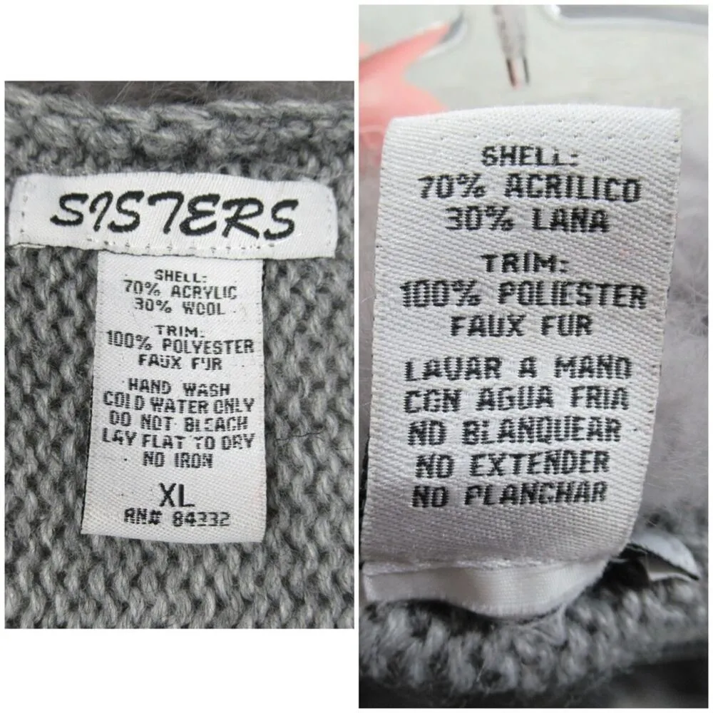 SISTERS Gray Knit Long Sweater Duster Wool Blend Faux Fur Trim Women’s Size XL - Image 10