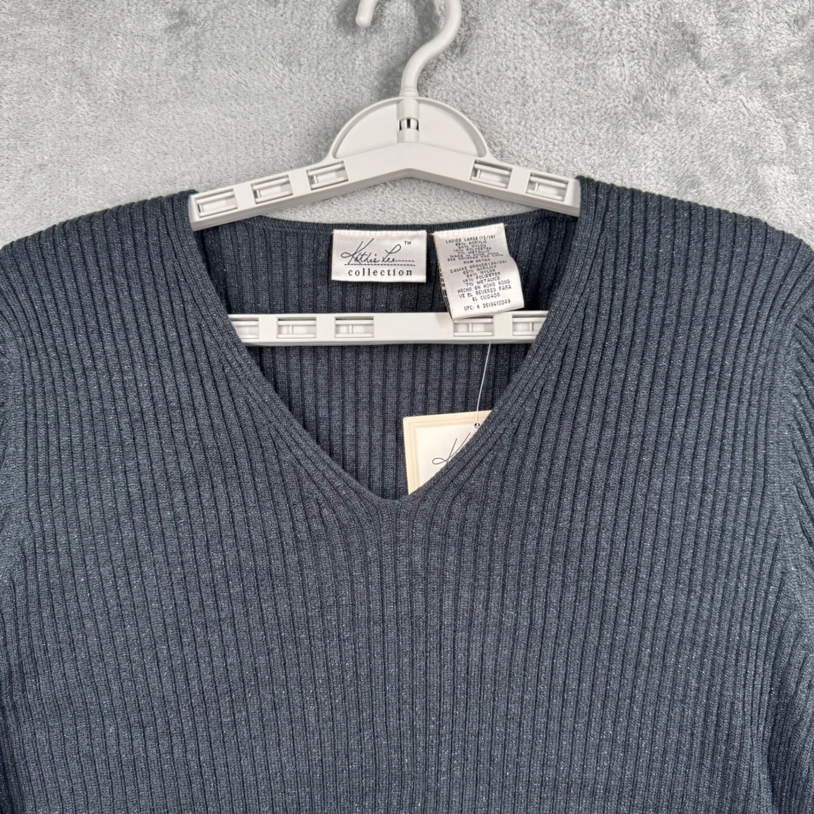 Kathie Lee Collection Knit Top Black Short Sleeve Ribbed V Neck Metallic Large - Image 4