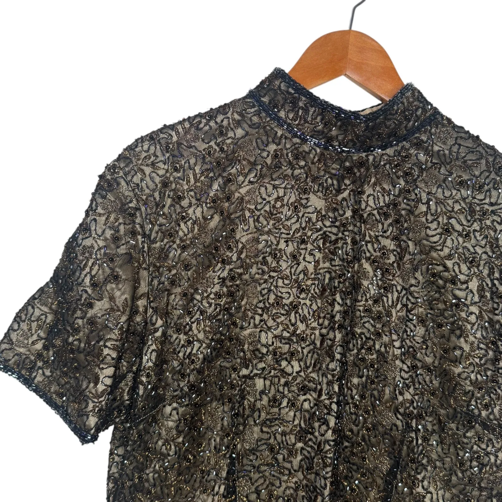 Adrianna‎ Papell Silk Beaded Mock Neck Short Sleeve Top Size 14 Black Formal - Image 4