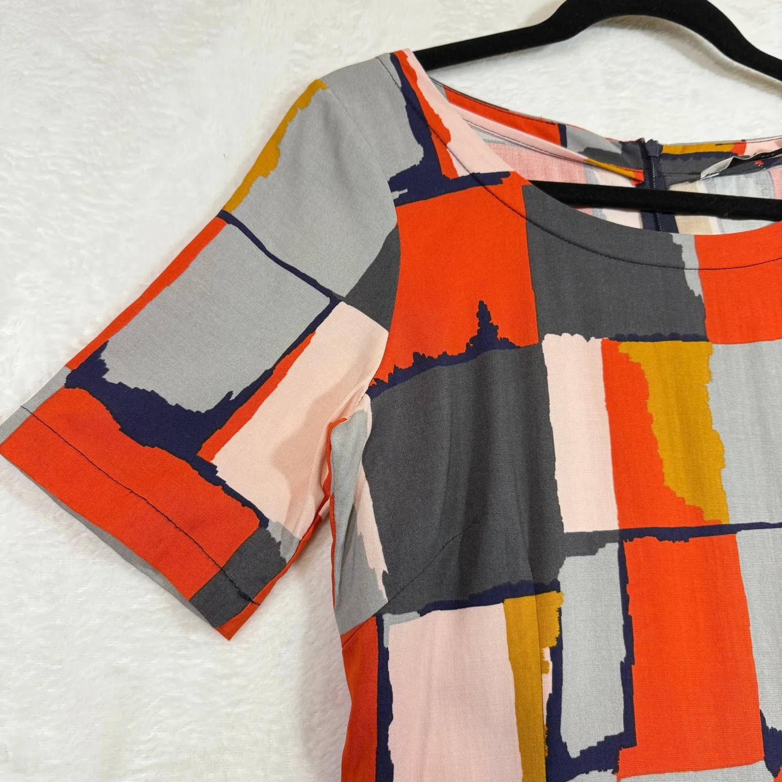 Numph S‎ 36 Abstract Tencel Bodycon Midi Dress Colorblock Mod Artsy 60s Retro Orange - Image 4