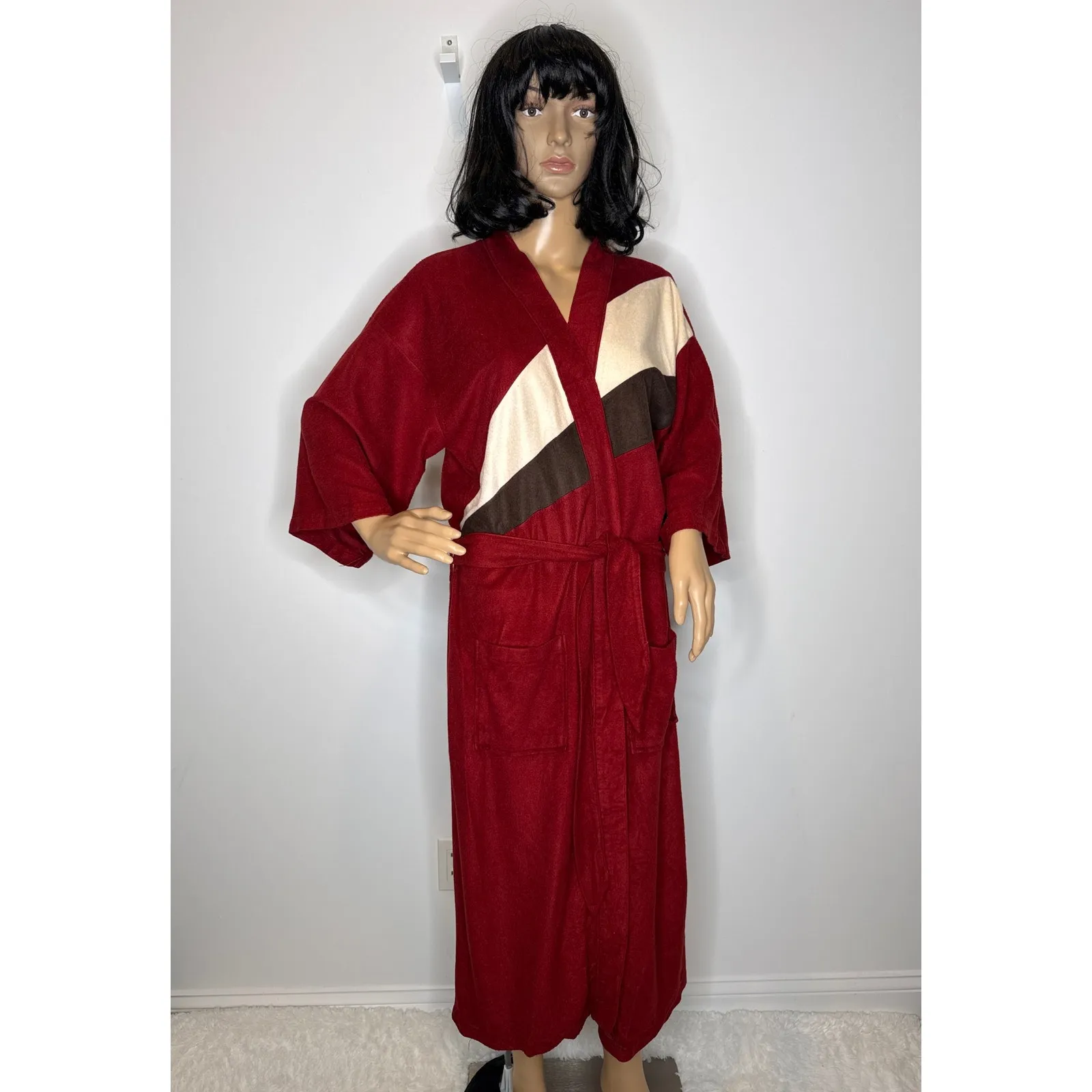 Vintage Red Colorblock Velour Kimono Robe Dress with Belt M -L - Image 3