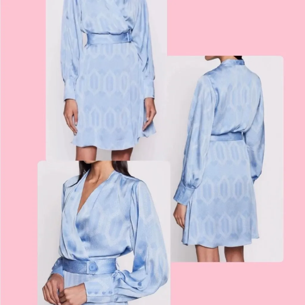 NWOT Equipment Fanetta Geo Printed Blue Long Sleeve Belted Wrap Dress 6 MSRP$425 - Image 3