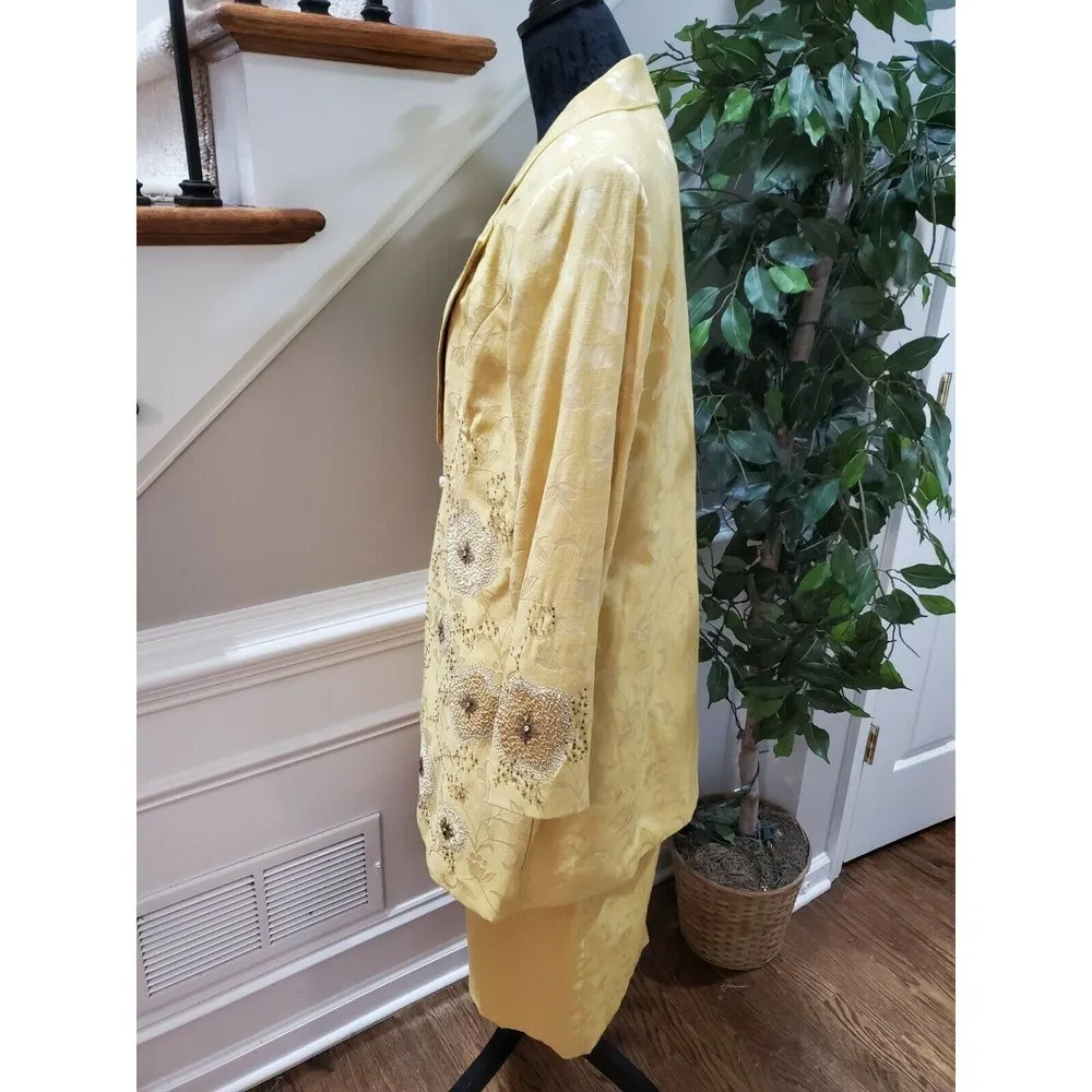 SOGIC Women's Yellow Floral Linen Single Breasted Blazer & Skirt 2 Piece Suit 18 - Image 3