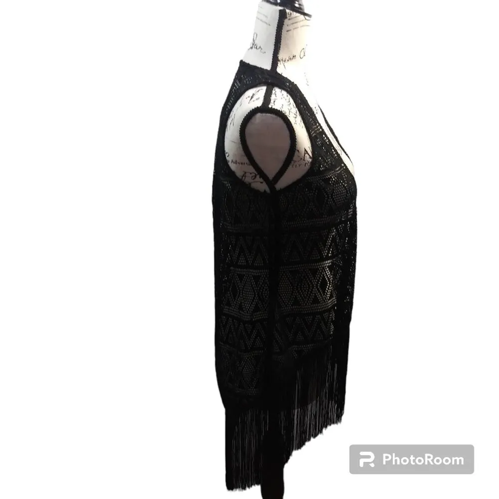 Xhilaration Black Crochet Fringe Cover Up Vest Festival Beach Size XS NWT - Image 2