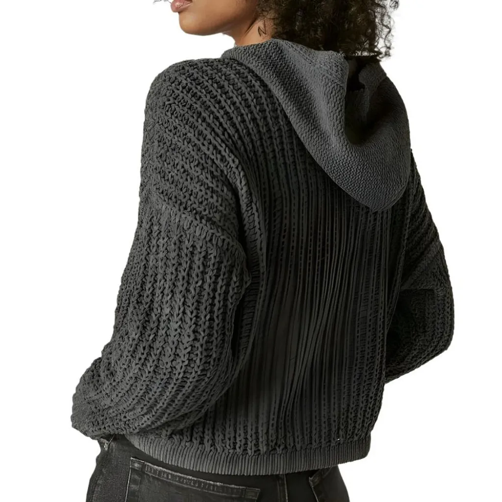 Lucky Brand Gray Textured Knit Hoodie Sweater L Drawstring Hem Winter Cozy - Image 9