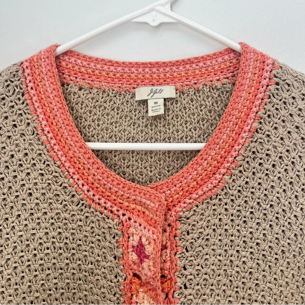 J Jill Linen Open Knit Crochet Cardigan Beige Granny Square Size Medium Petite Tan - Image 4