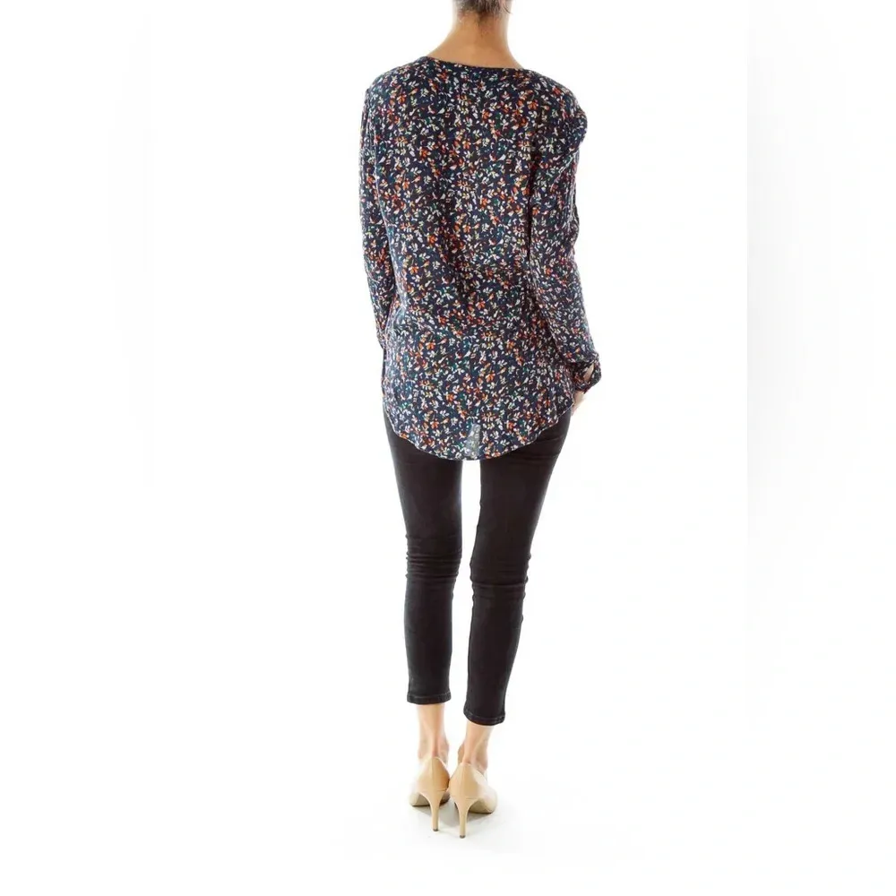 Hinge Navy Orange Leaf Printed Long Sleeve Top‎ Size Medium - Image 2