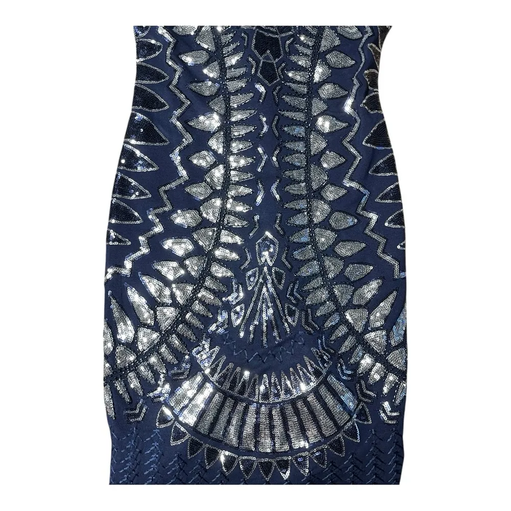 Elegant Blue and Silver Patterned Dress Size M - Image 3