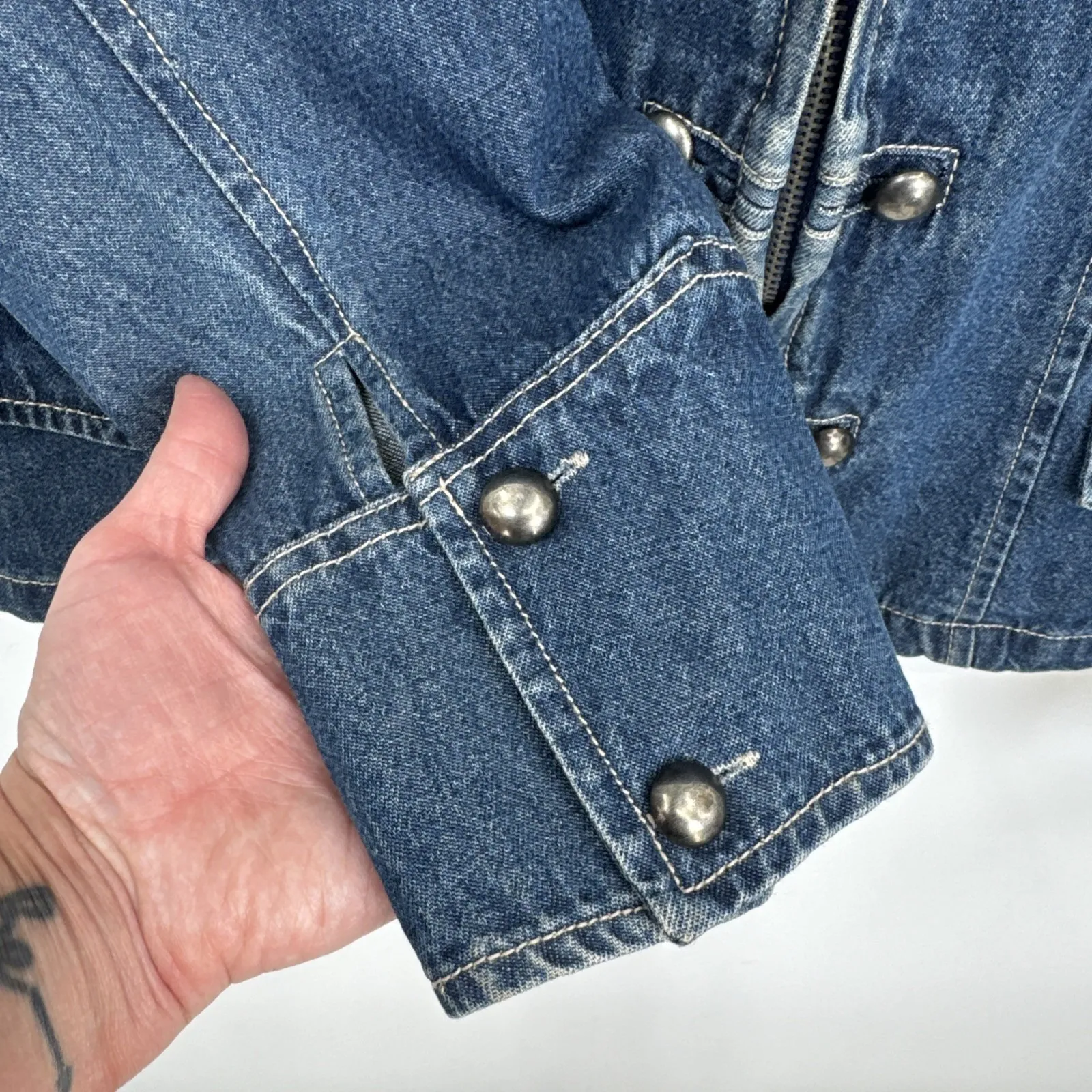 Vintage Hannah Denim Military Jacket Womens Medium Blue Jean Cotton Beaded - Image 7