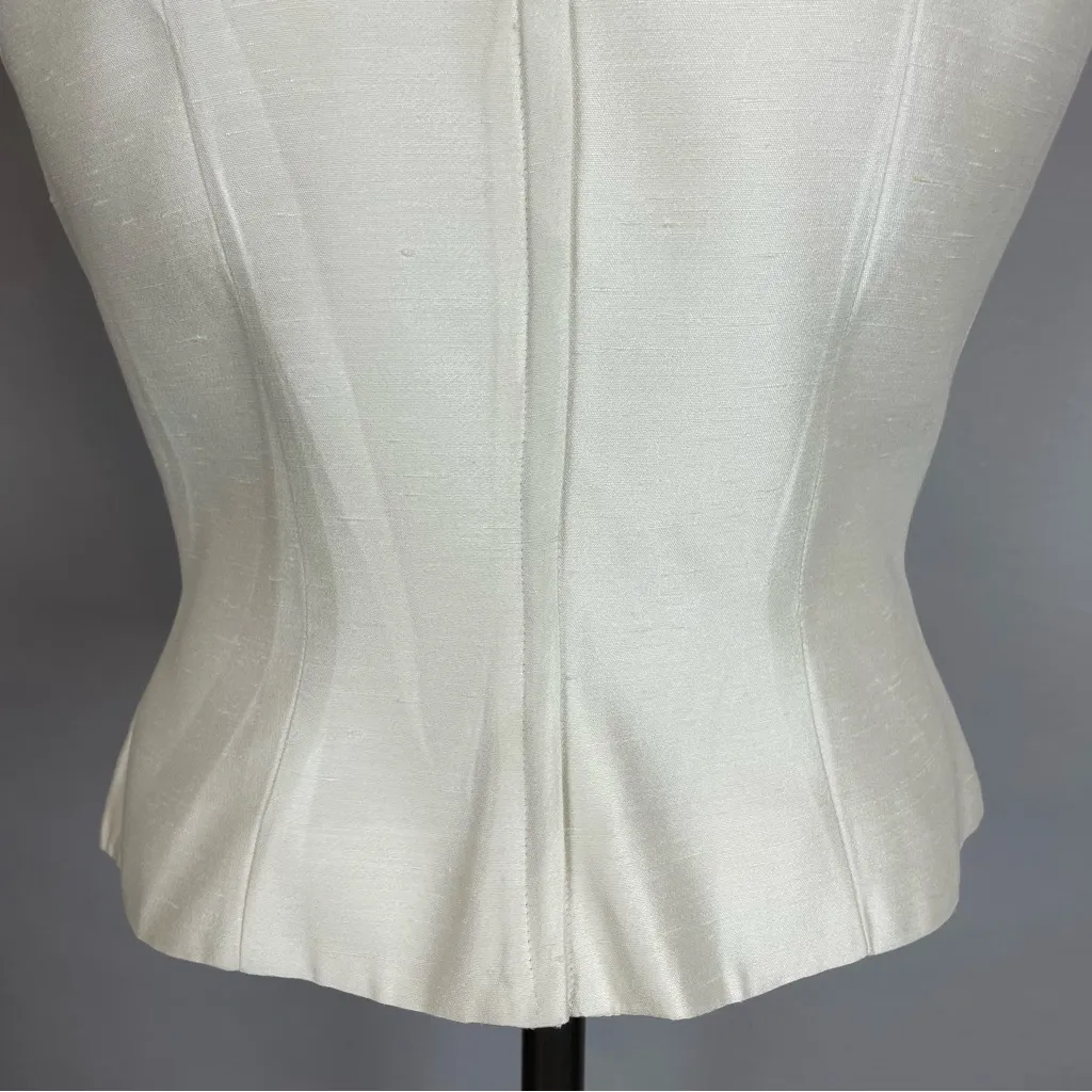 Vintage 1960s Blouse White‎ Gold Embellishment Trim Neckline Sleeveless Top Slub White - Image 7