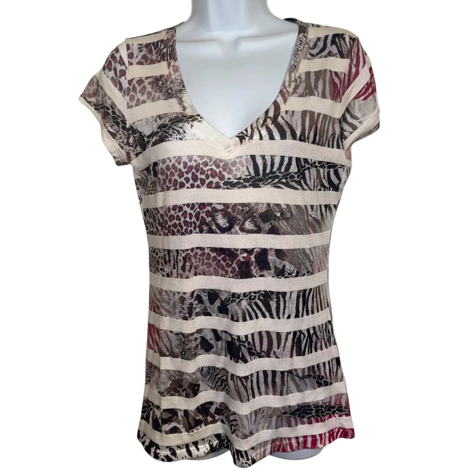 CACHE‎ V Neck Animal Print With Stripes Cap Sleeve Top EUC Medium - Image 2