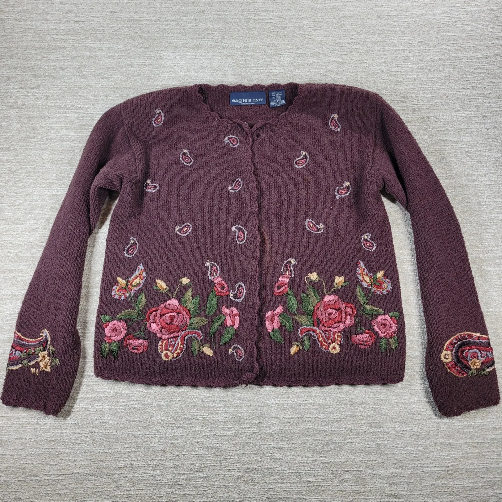 Vintage Eagles Eye Cardigan Sweater Womens M Maroon Embroidered Floral Paisley Purple Size undefined - Image 6