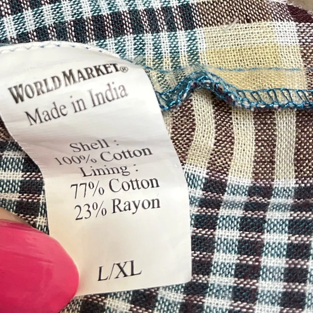 World Market womens shirt Large XL top plaid teal tan ruffle short sleeve Blue - Image 6