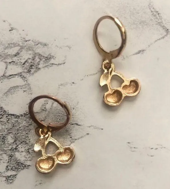 Dainty Dangle Cherries Hoop Drop Earrings Gold - Image 3