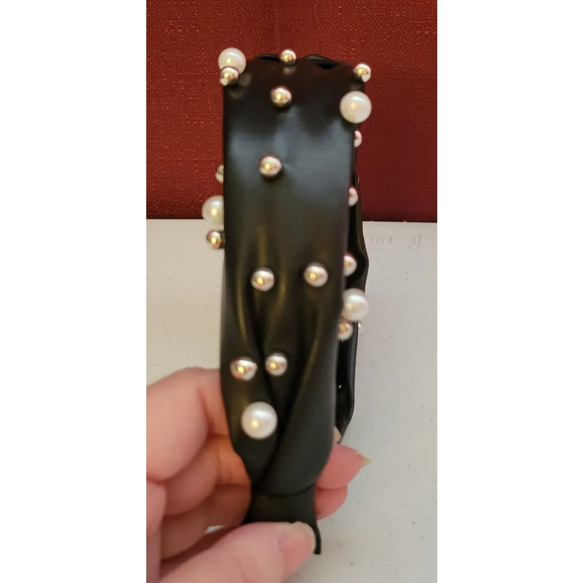 Faux Vegan Leather Knot Headband w/ Pearl‎ & Silver Tone Bead Accents Black - Image 3
