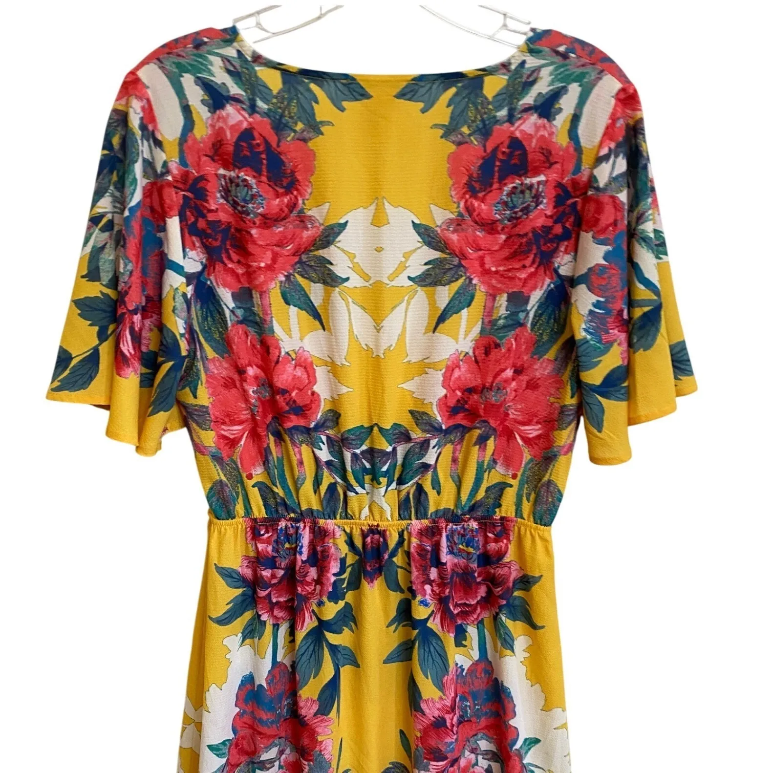 Flying Tomato Yellow Floral Maxi Dress Flutter Sleeve VNeck Bohemian Boho Size M - Image 12