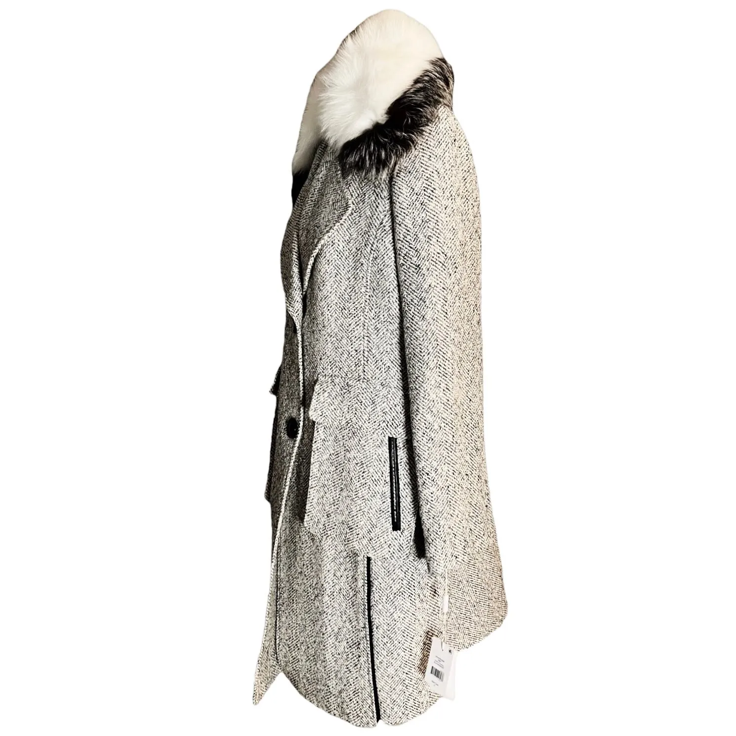 DEREK LAM 10 CROSBY Tweed Coat Wool Fur Collar Pockets White Black Designer 8 - Image 11