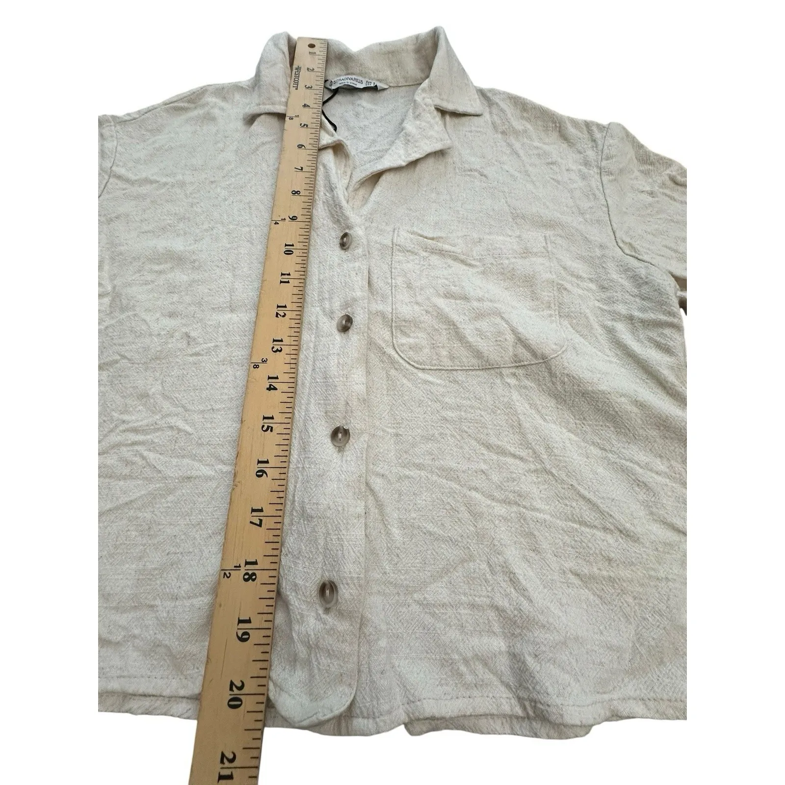 Stradivarius Top Womens Small Linen Blend Short Sleeve Boxy Shirt‎ Flax #U3 - Image 4