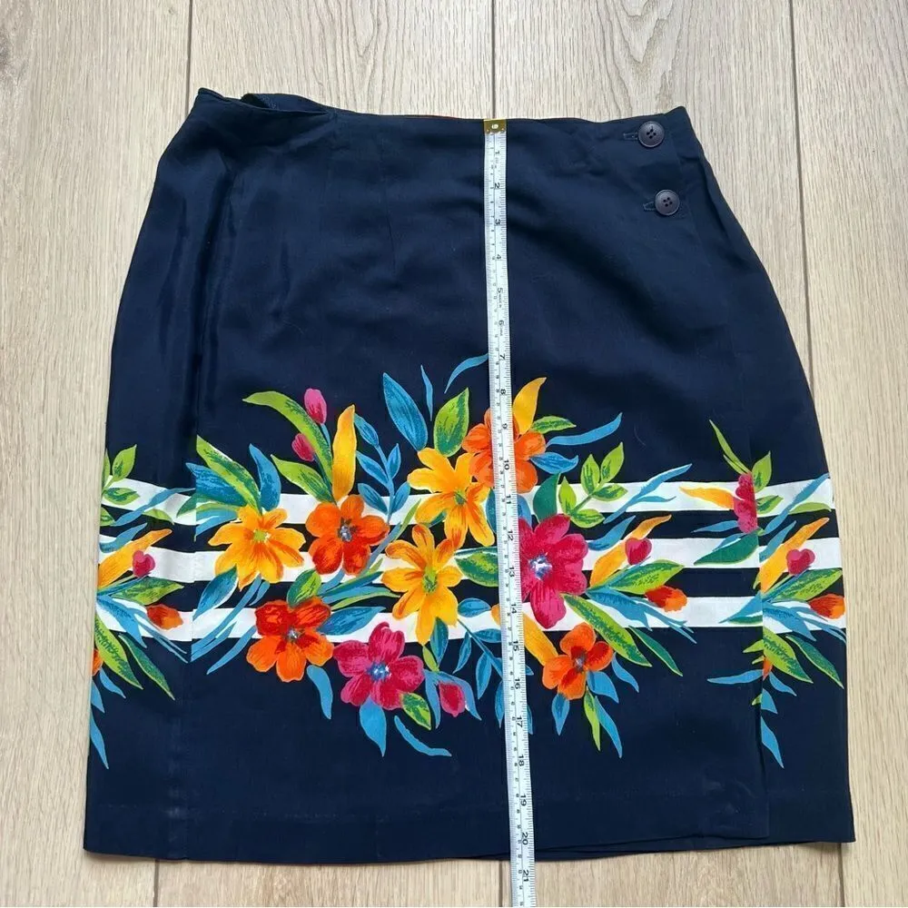 Tofy Vintage Floral Button Side Wrap Skirt Navy White Stripes Tropical Flowers Blue Size M - Image 4
