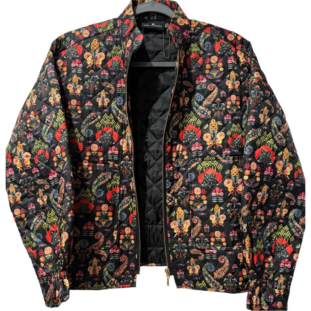 NEW EMILY LOVELOCK Chelsea Quilted Bomber Jacket Black Vibrant 70s Print XS $230 - Image 4