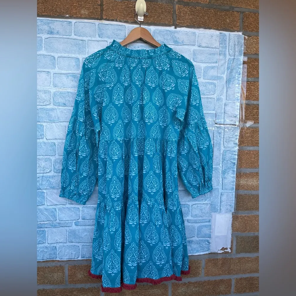 TUCKERNUCK Tropical Teal Lantern Block Print Tie Neck Coverup Dress Size Medium Blue - Image 6
