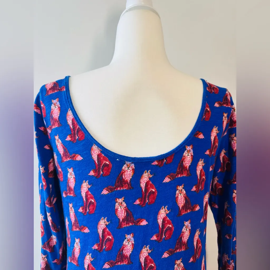Anthropologie Postmark Forest Fete Fox Print Scoopneck Top Blue Size M - Image 5