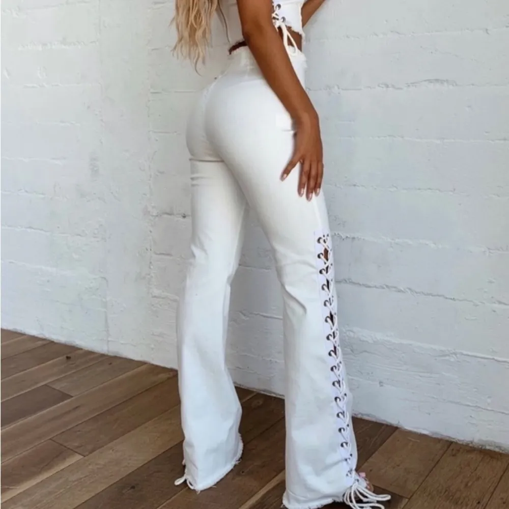 Astra White Laced Up Jeans Pants - Image 2