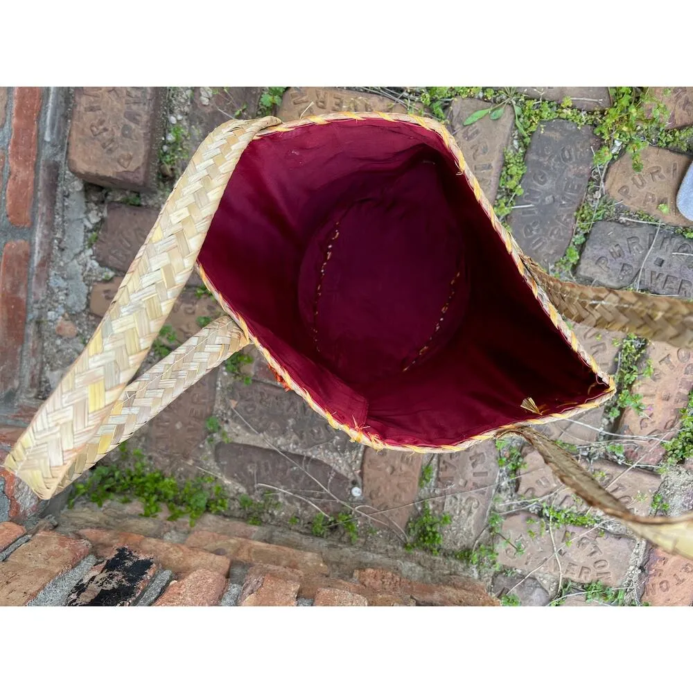 vintage raffia straw shoulder bag purse floral bucket bag yellow orange green - Image 8