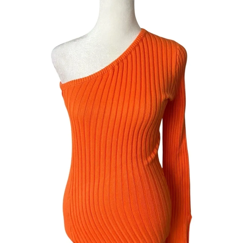 LULU’S Time to Delight Orange Ribbed One-Shoulder Sweater Midi Dress Sz XS - Image 7