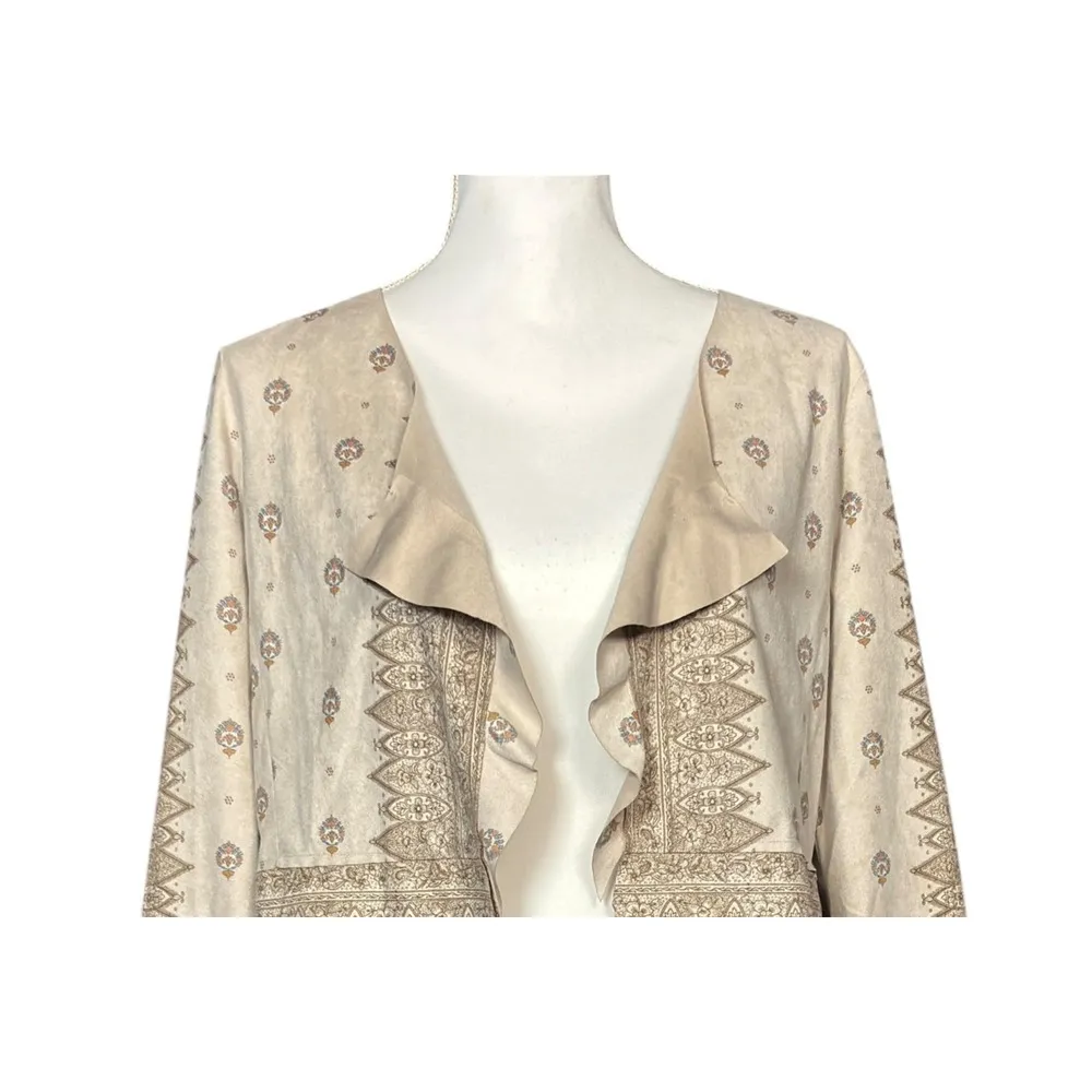 Vocal Jacket Size Small Open Front Ruffle Tan Flared Sleeve Suede Lace Up Back - Image 5