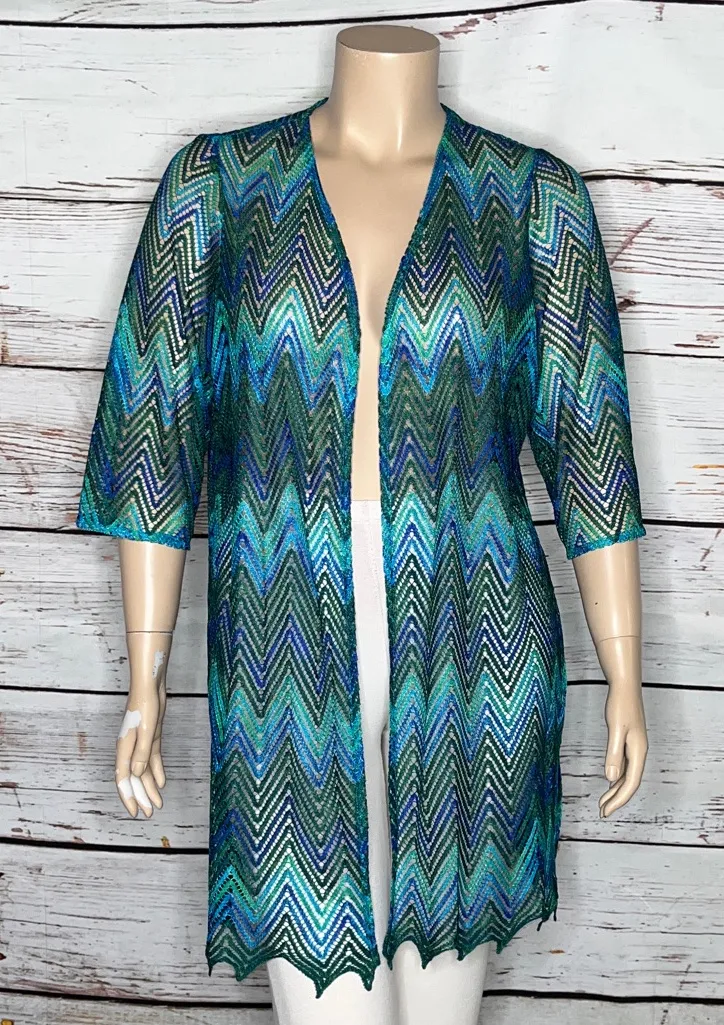Susan Graver Size XL Green & Blue Chevron Open Front Mesh Cardigan Jacket - Image 1
