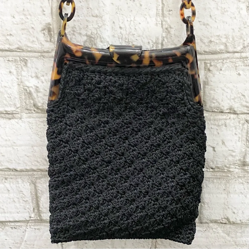 Vintage CHRISTIAN LIVINGSTON Black Crochet Tortoise Chain Clutch Shoulder Bag - Image 7