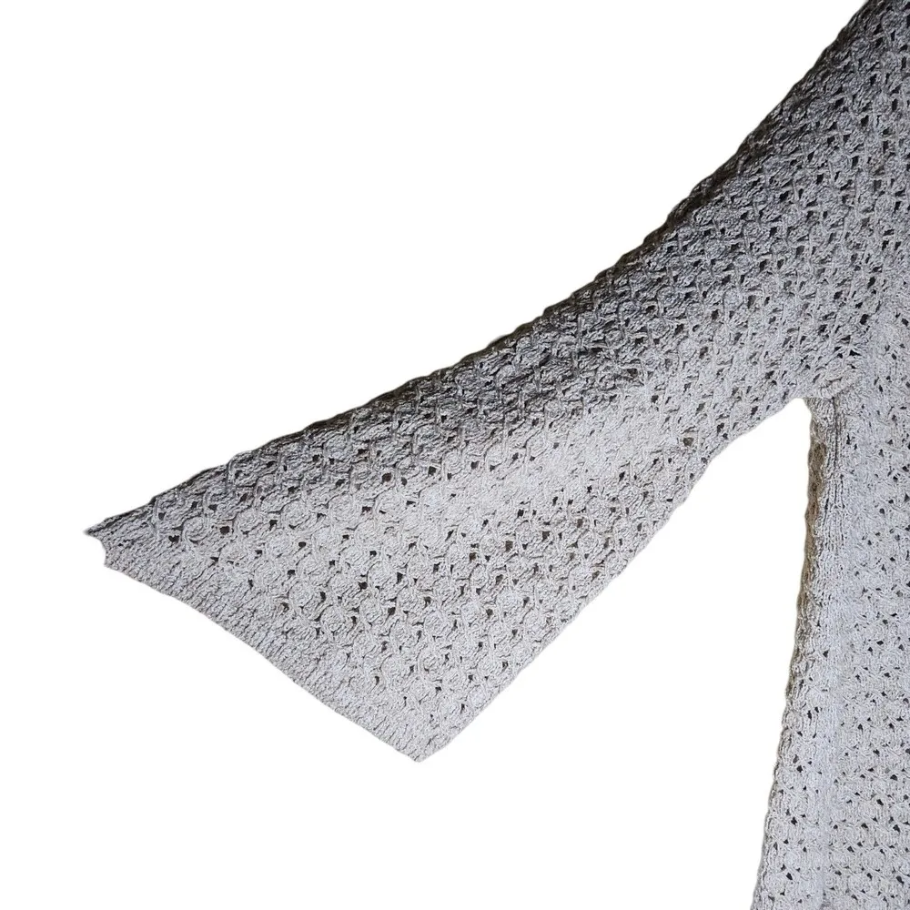 J. Jill Oatmeal Open Knit Crochet Flared Sleeve Side Tie Sweater Boho Cottage - Image 4